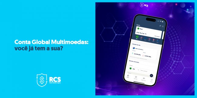 Aparelho celular mostra o acesso a conta global multimoedas no APP RCS Global